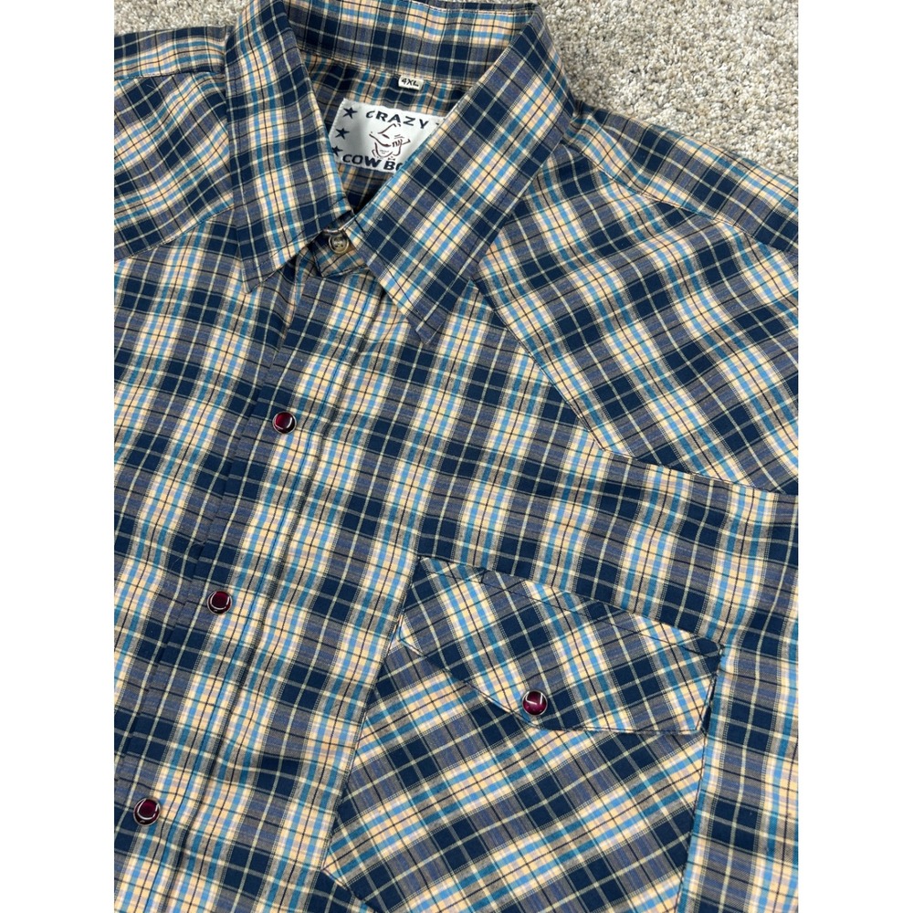 Crazy Cowboy Mens 4XL Plaid Western Snap Shirt Blue Tan Long Sleeve #0861